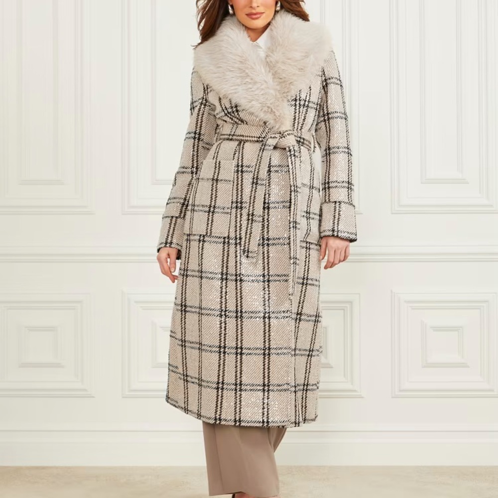 Marciano Charlize Sequin Plaid Wrap Coat